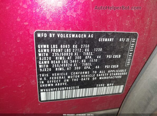 WVGUNPE20NP062515 2022 VOLKSWAGEN ID.4 Red Շարժիչի բաժամունքի տեսք