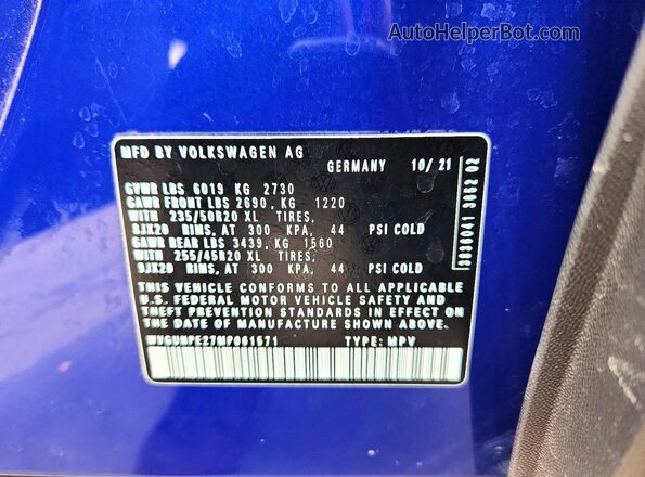 WVGUNPE27MP061571 2021 VOLKSWAGEN ID.4 Blue Vista de la etiqueta del VIN
