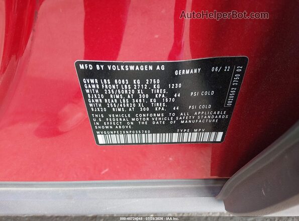 WVGUNPE2XNP035760 2022 VOLKSWAGEN ID.4 Burgundy Widok komory silnika