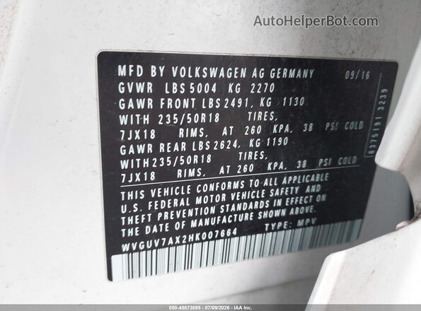 WVGUV7AX2HK007664 2017 VOLKSWAGEN TIGUAN White Widok komory silnika