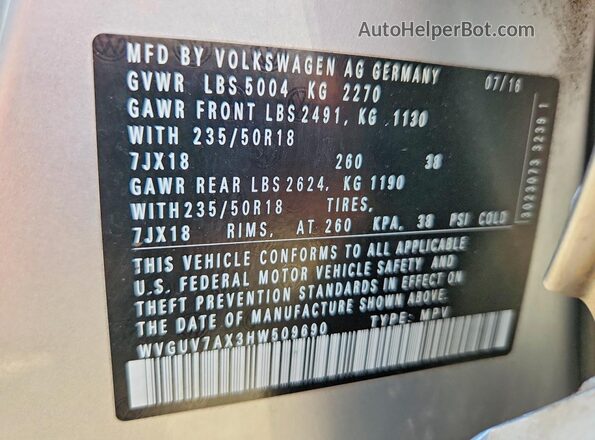 WVGUV7AX3HW509690 2017 VOLKSWAGEN TIGUAN Silver Vista de la etiqueta del VIN