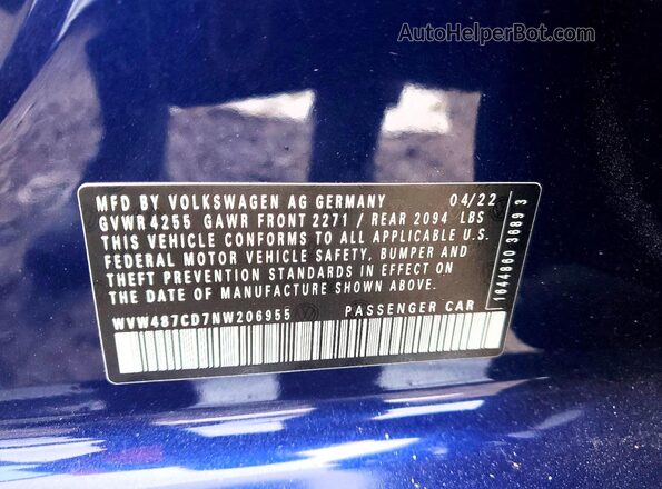 WVW487CD7NW206955 2022 VOLKSWAGEN GTI Blue Vista del compartimento del motor