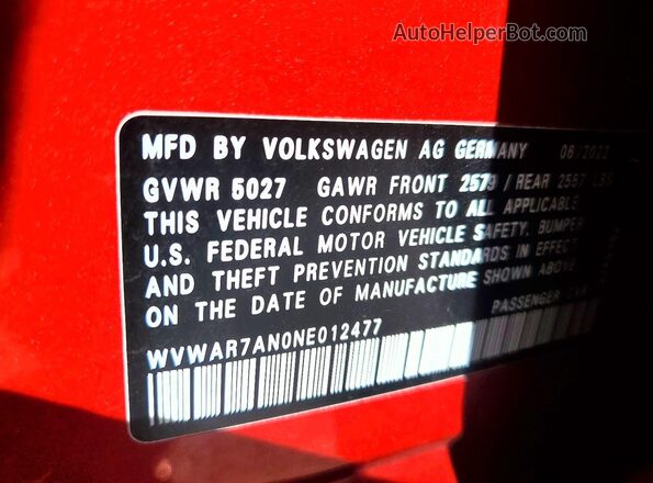 WVWAR7AN0NE012477 2022 VOLKSWAGEN ARTEON Red ძრავის განყოფილების ხედი