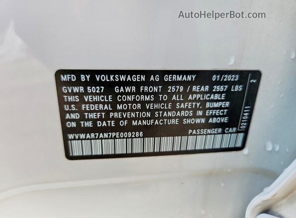 WVWAR7AN7PE009286 2023 VOLKSWAGEN ARTEON White Вид наклейки з VIN-кодом