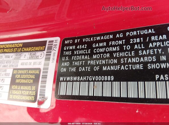 WVWBW8AH7GV000889 2016 VOLKSWAGEN EOS Red ძრავის განყოფილების ხედი