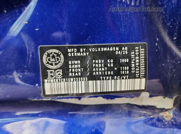 WVWKB7CD1SW233993 2025 VOLKSWAGEN GOLF Blue Widok naklejki z numerem VIN