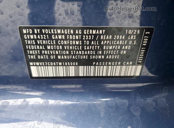 WVWVE7CD6TW185008 2026 VOLKSWAGEN GTI Blue Widok naklejki z numerem VIN