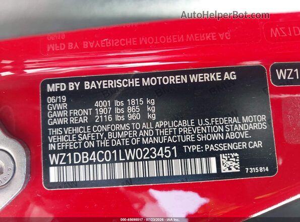 WZ1DB4C01LW023451 2020 TOYOTA GR SUPRA Red Engine compartment view