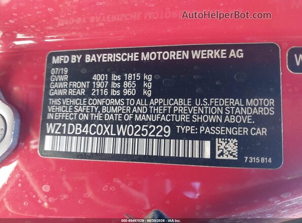WZ1DB4C0XLW025229 2020 TOYOTA GR SUPRA Red Engine compartment view