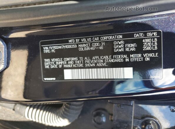 YV1102AK7H1006359 2017 VOLVO S90 Blue Widok naklejki z numerem VIN