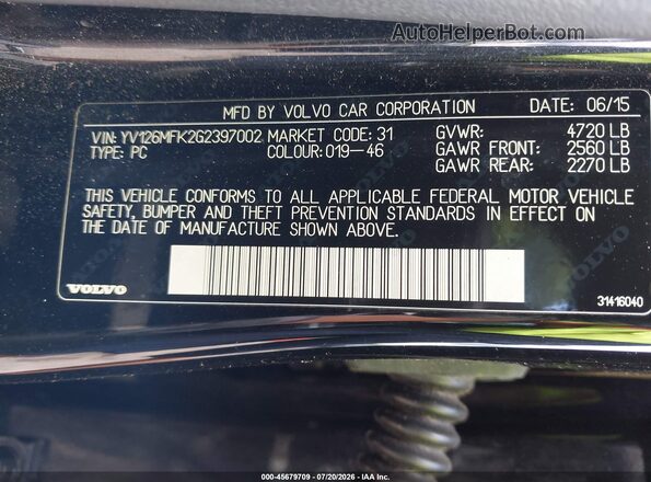 YV126MFK2G2397002 2016 VOLVO S60 Black Շարժիչի բաժամունքի տեսք