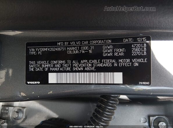 YV126MFK2G2406751 2016 VOLVO S60 Gray ძრავის განყოფილების ხედი