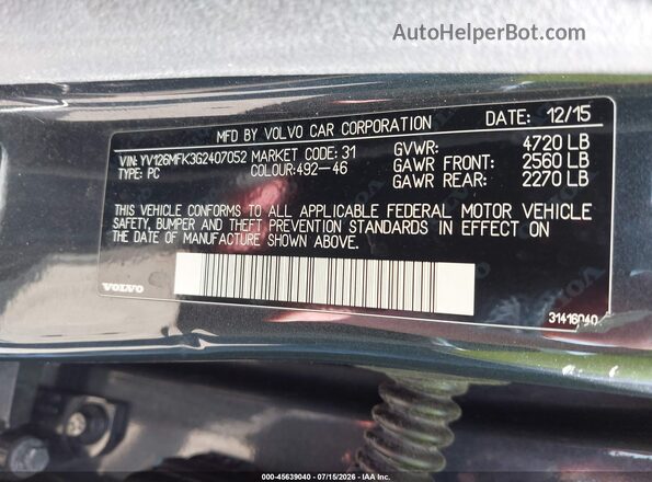 YV126MFK3G2407052 2016 VOLVO S60 Gray Շարժիչի բաժամունքի տեսք