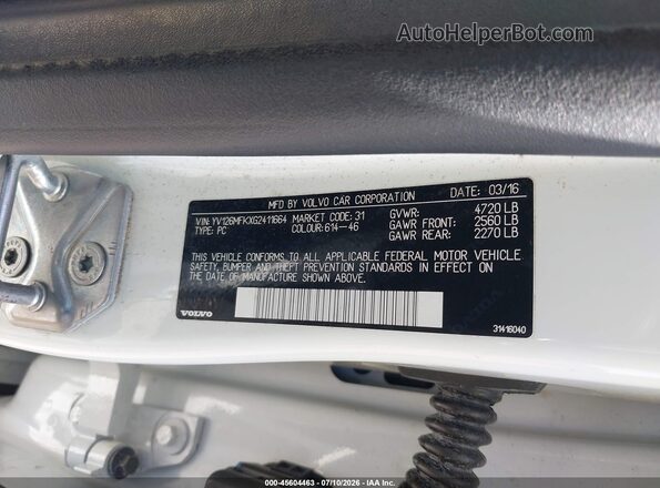 YV126MFKXG2411664 2016 VOLVO S60 White Widok komory silnika