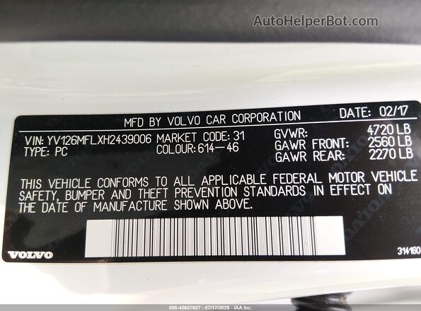 YV126MFLXH2439006 2017 VOLVO S60 White Շարժիչի բաժամունքի տեսք