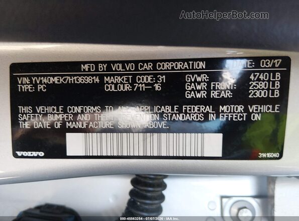 YV140MEK7H1369814 2017 VOLVO V60 Silver Widok komory silnika