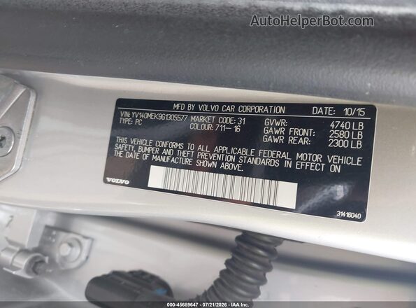 YV140MEK9G1305577 2016 VOLVO V60 Silver Vista del compartimento del motor