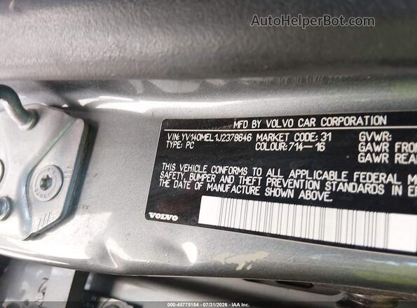 YV140MEL1J2378646 2018 VOLVO V60 Gray Engine compartment view