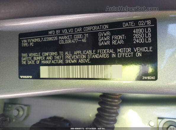 YV140MSL7J2398226 2018 VOLVO V60 Silver Widok komory silnika