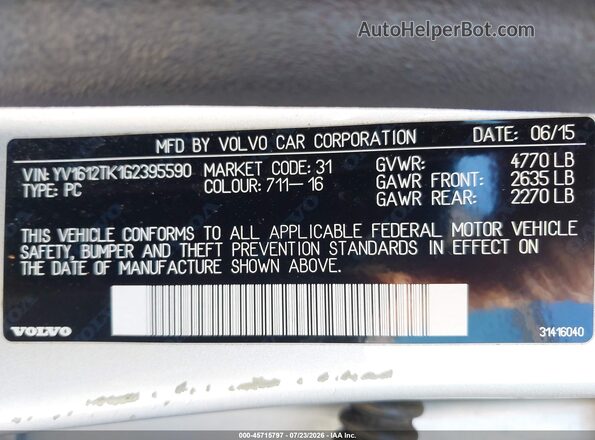 YV1612TK1G2395590 2016 VOLVO S60 Silver ძრავის განყოფილების ხედი