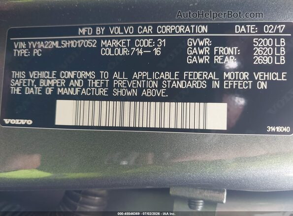 YV1A22ML5H1017052 2017 VOLVO S90 Gray Вид підкапотного простору