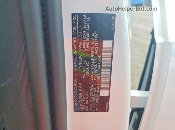 YV4062PB7S1392826 2025 VOLVO XC90 White VIN კოდის სტიკერის ხედი
