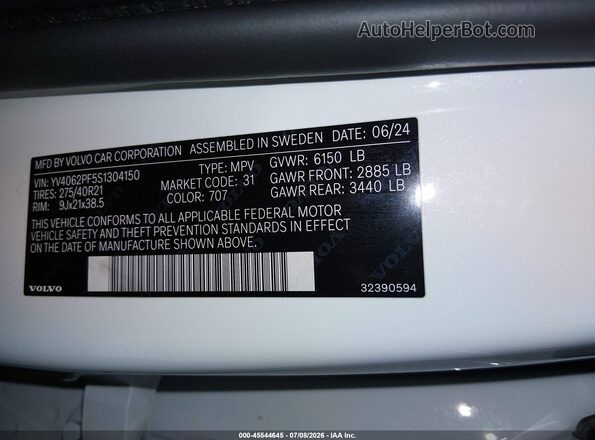 YV4062PF5S1304150 2025 VOLVO XC90 White Vista del compartimento del motor