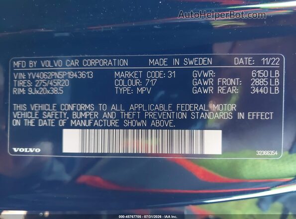 YV4062PN5P1943613 2023 VOLVO XC90 Black Շարժիչի բաժամունքի տեսք