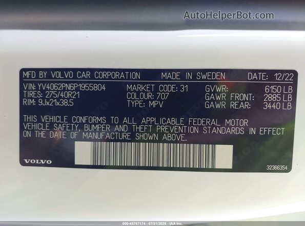 YV4062PN6P1955804 2023 VOLVO XC90 Белый Вид подкапотного пространства