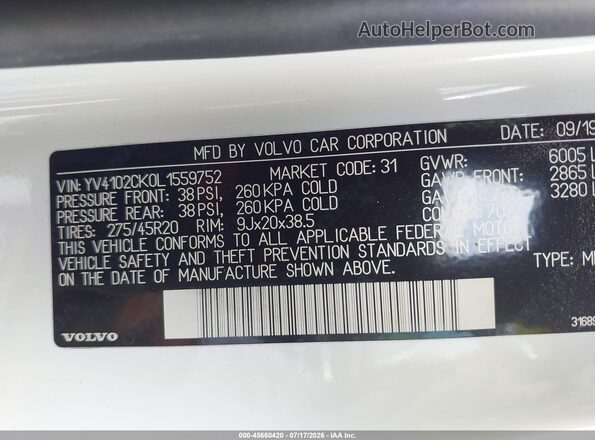 YV4102CK0L1559752 2020 VOLVO XC90 Белый Вид подкапотного пространства