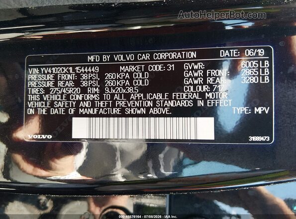YV4102CK1L1544449 2020 VOLVO XC90 Black Շարժիչի բաժամունքի տեսք