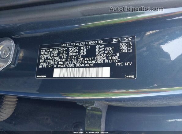 YV4102CK3J1356142 2018 VOLVO XC90 Blue Vista del compartimento del motor
