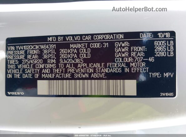 YV4102CK3K1464391 2019 VOLVO XC90 White Widok komory silnika