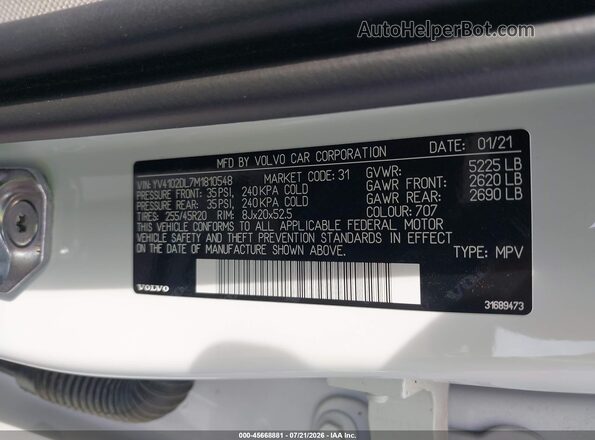 YV4102DL7M1810548 2021 VOLVO XC60 White VIN კოდის სტიკერის ხედი