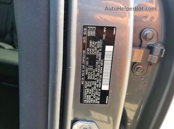 YV4102PK5L1623441 2020 VOLVO XC90 Gray VIN კოდის სტიკერის ხედი