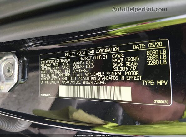 YV4102PK7L1620198 2020 VOLVO XC90 Black Vista del compartimento del motor