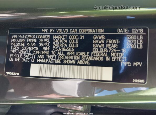 YV4102RK0J1084835 2018 VOLVO XC60 Gray Widok komory silnika