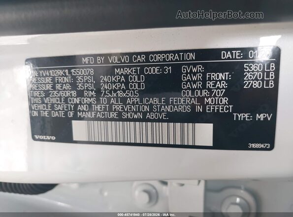 YV4102RK1L1550078 2020 VOLVO XC60 Белый Вид подкапотного пространства