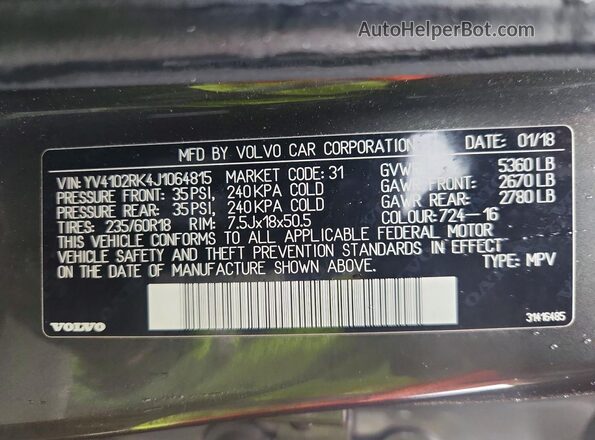 YV4102RK4J1064815 2018 VOLVO XC60 Угольный Вид наклейки с VIN-кодом