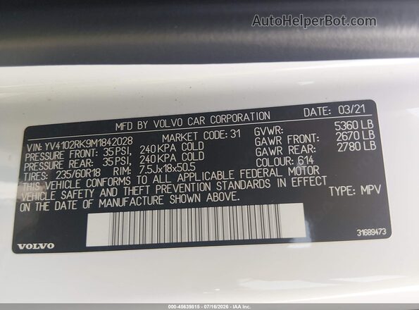 YV4102RK9M1842028 2021 VOLVO XC60 Белый Вид подкапотного пространства