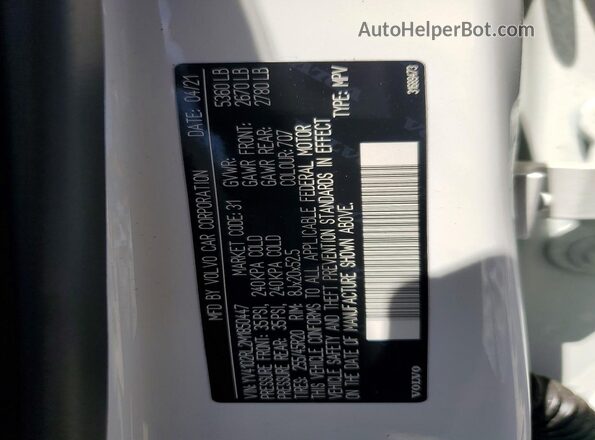 YV4102RL2M1850447 2021 VOLVO XC60 White VIN sticker view