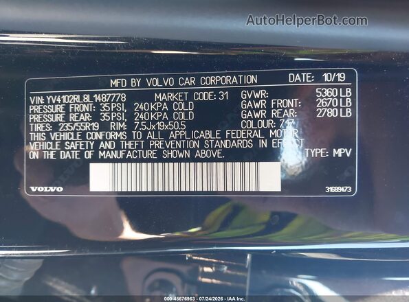 YV4102RL8L1487778 2020 VOLVO XC60 Black Engine compartment view