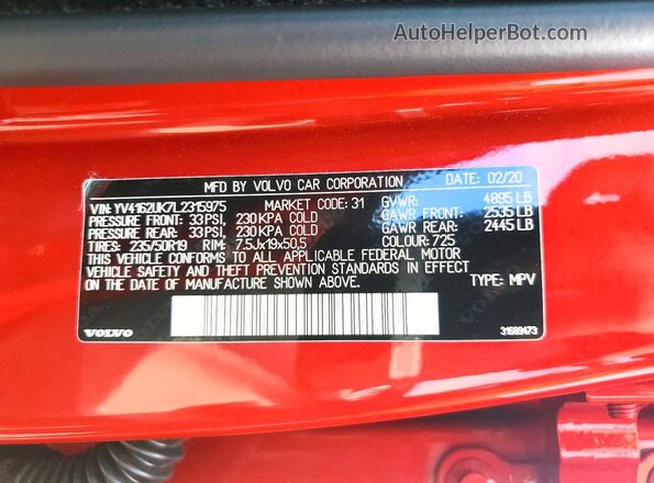 YV4162UK7L2315975 2020 VOLVO XC40 Красный Вид наклейки с VIN-кодом