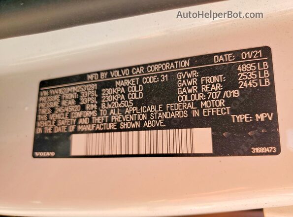 YV4162UM1M2531291 2021 VOLVO XC40 White Widok naklejki z numerem VIN
