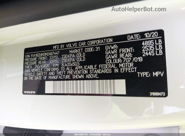 YV4162UM3M2467447 2021 VOLVO XC40 White Շարժիչի բաժամունքի տեսք