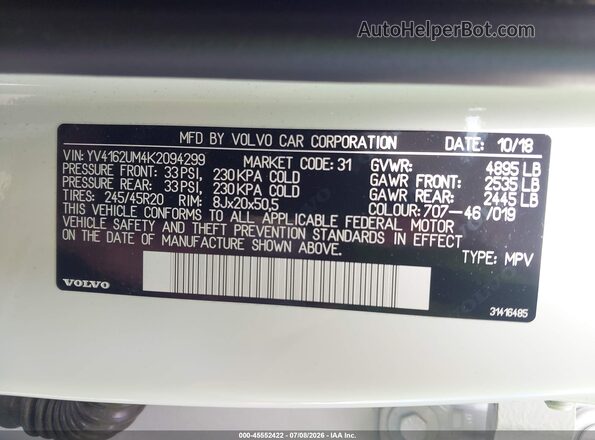 YV4162UM4K2094299 2019 VOLVO XC40 White Շարժիչի բաժամունքի տեսք