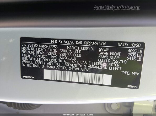 YV4162UM4M2462256 2021 VOLVO XC40 White ძრავის განყოფილების ხედი