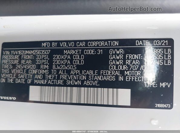 YV4162UM4M2563507 2021 VOLVO XC40 White Շարժիչի բաժամունքի տեսք