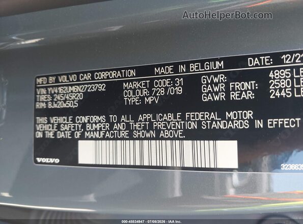 YV4162UM6N2723792 2022 VOLVO XC40 Синий Вид подкапотного пространства