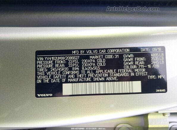 YV4162UMXK2086627 2019 VOLVO XC40 Silver Engine compartment view